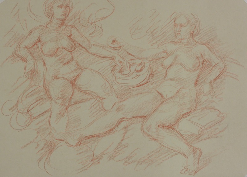 Maenads II; red chalk on paper, 25 x 35 cm, 2023