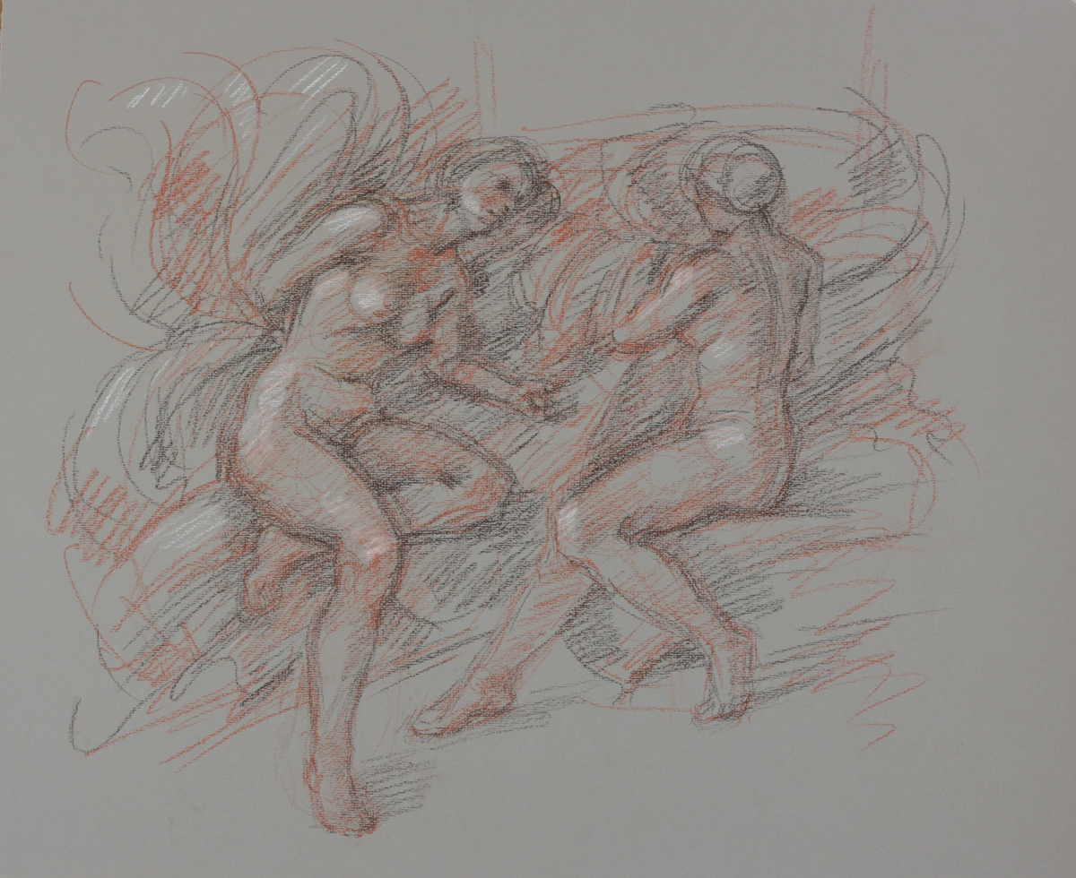 Maenads II; red chalk on paper, 25 x 35 cm, 2023