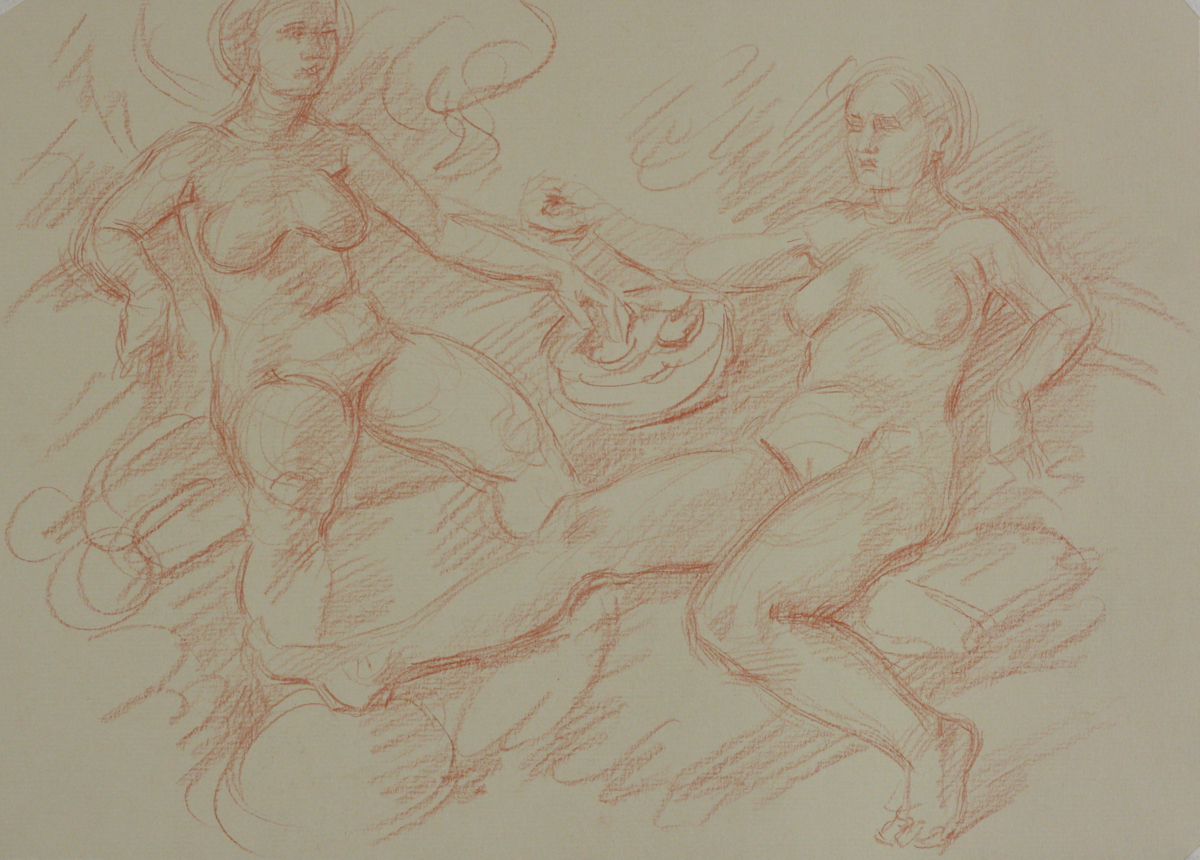 Maenads II; red chalk on paper, 25 x 35 cm, 2023