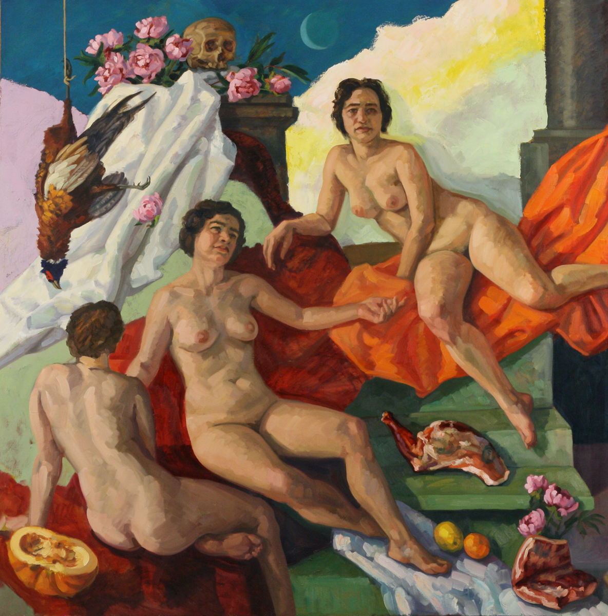 Maenads with Head of Orpheus I; oil on canvas, 200 x 200 cm, 2024