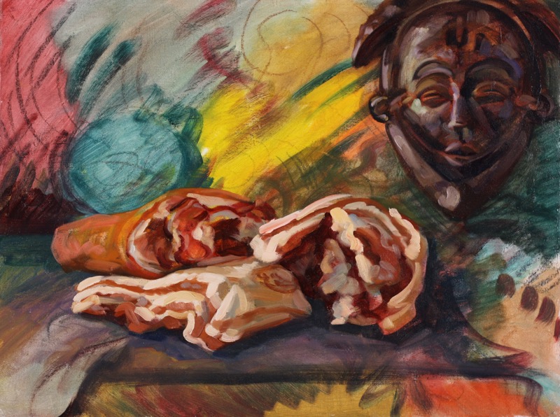 African Mask & Meat; oil on canvas, 60 x 80 cm, 2016