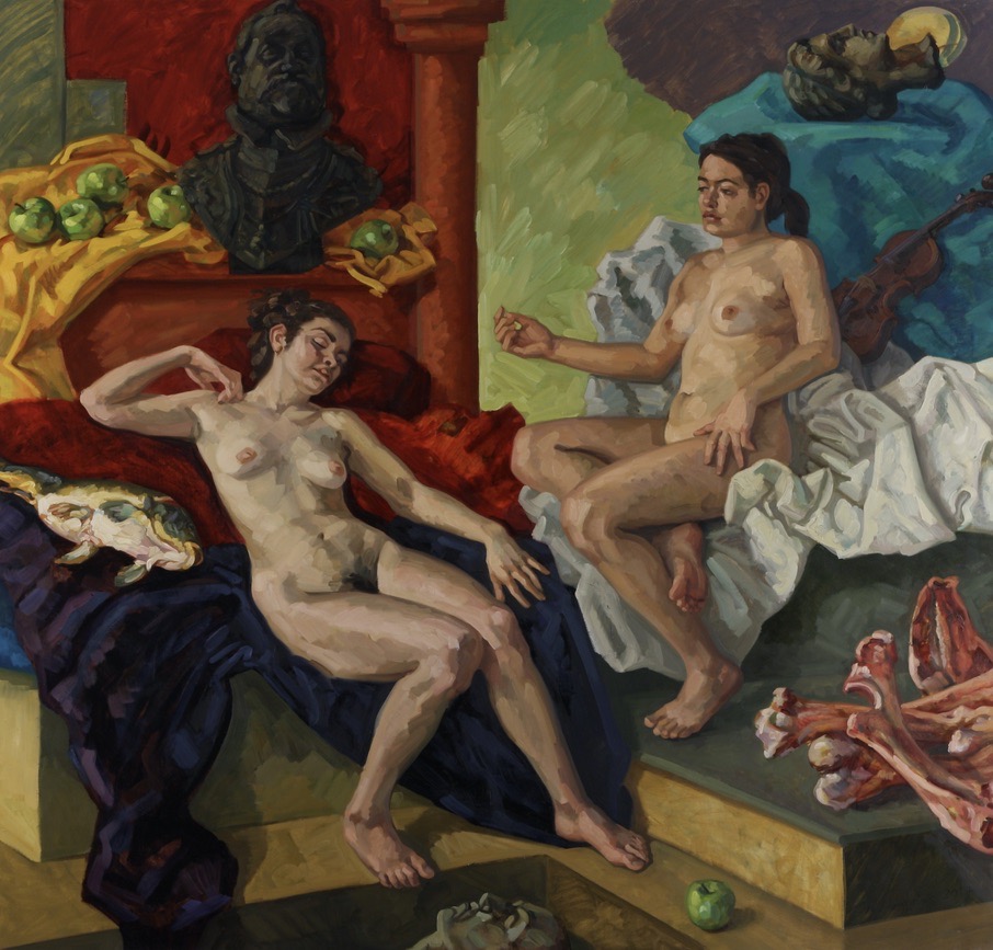 Maenads, Pig Head and Rudolf II; oil on canvas, 200 x 215 cm, 2010